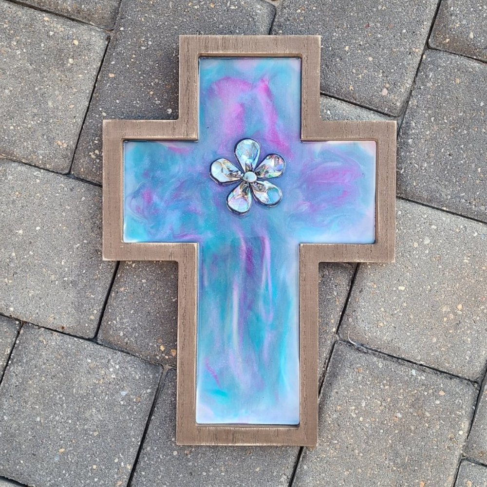 Purple and Magenta Cross With Abalone Flower, Wall Art